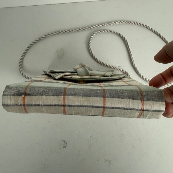 Sonia Benson Satin Plaid Bow Handbag White Blue Rope Strap Spring Preppy - Picture 8 of 9